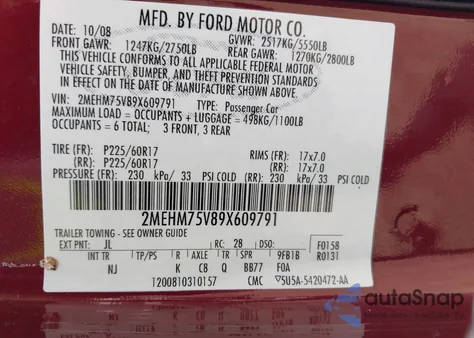 2009 Mercury Grand Marquis Ls (Fleet Only) from USA, damaged, VIN 2MEHM75V89X609791